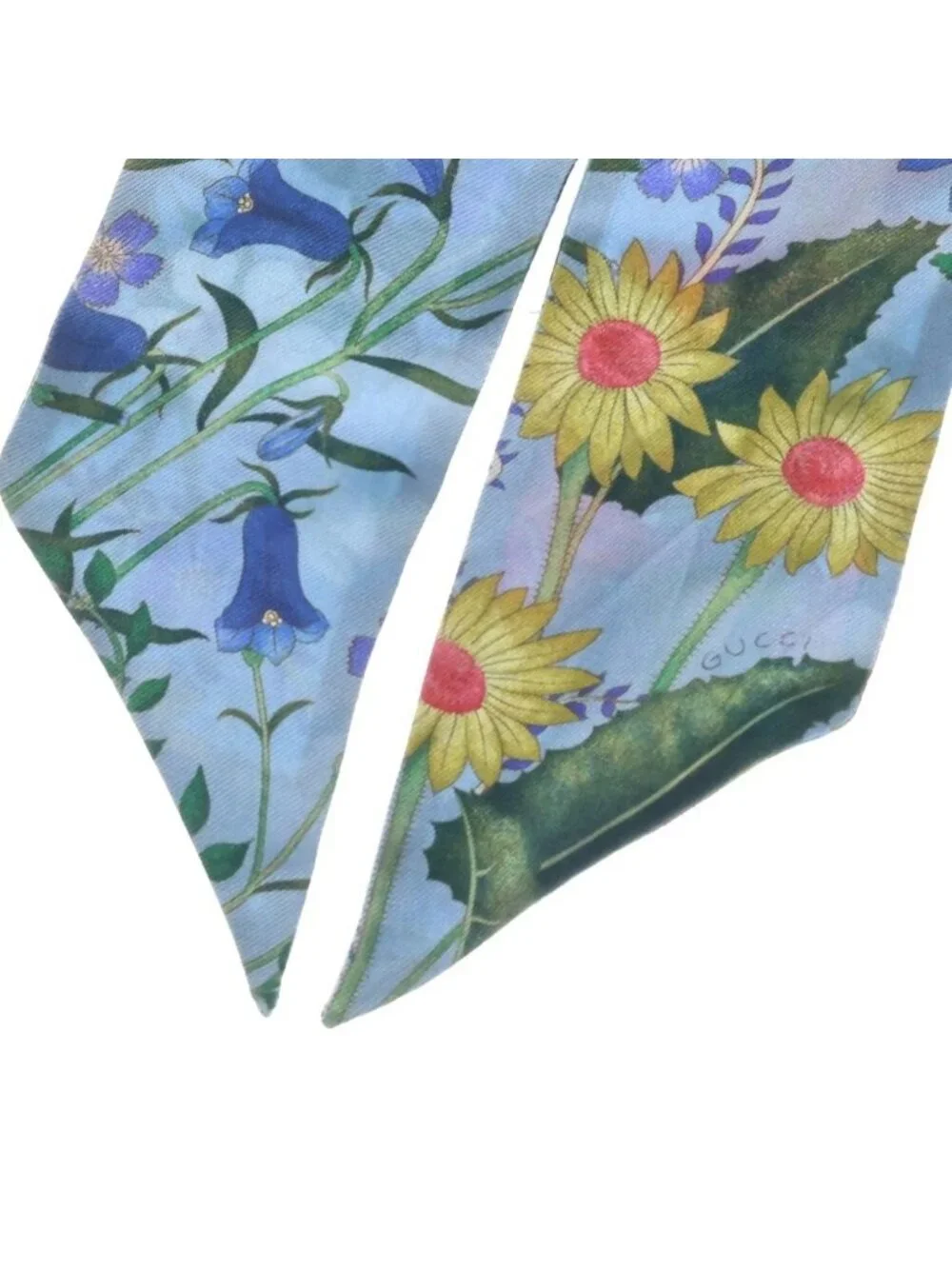 Gucci Floral Print Silk Neck Bow Twilly Blue Scarf